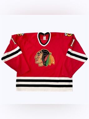 Vintage 80s Maska Ultrafil Chicago Blackhawks Jersey #1 Red Distressed Men XL